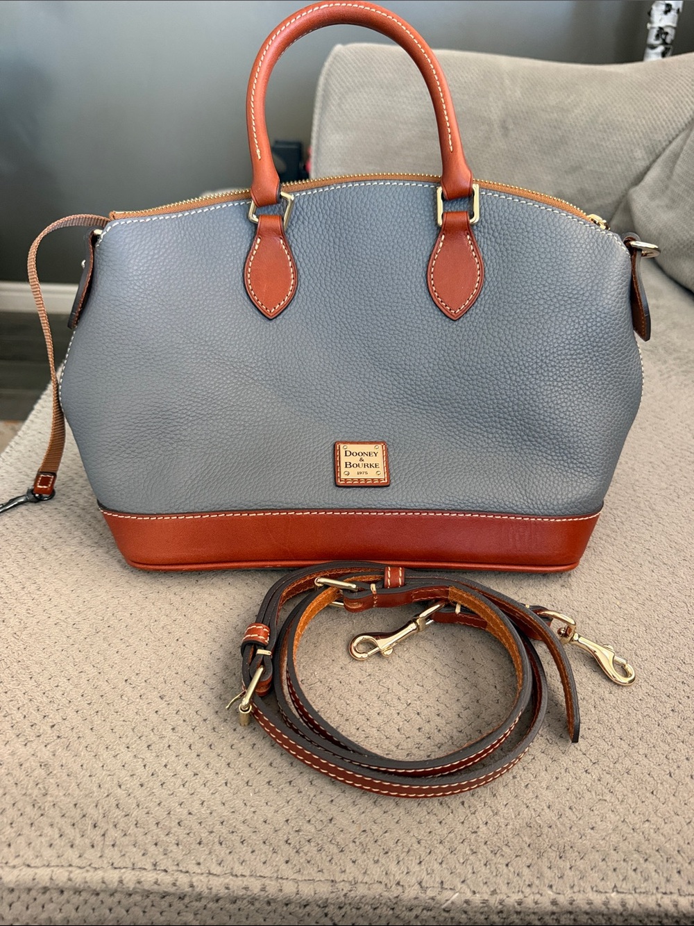 Dooney & Bourke Gray with Brown Trim Pebble Leather Satchel